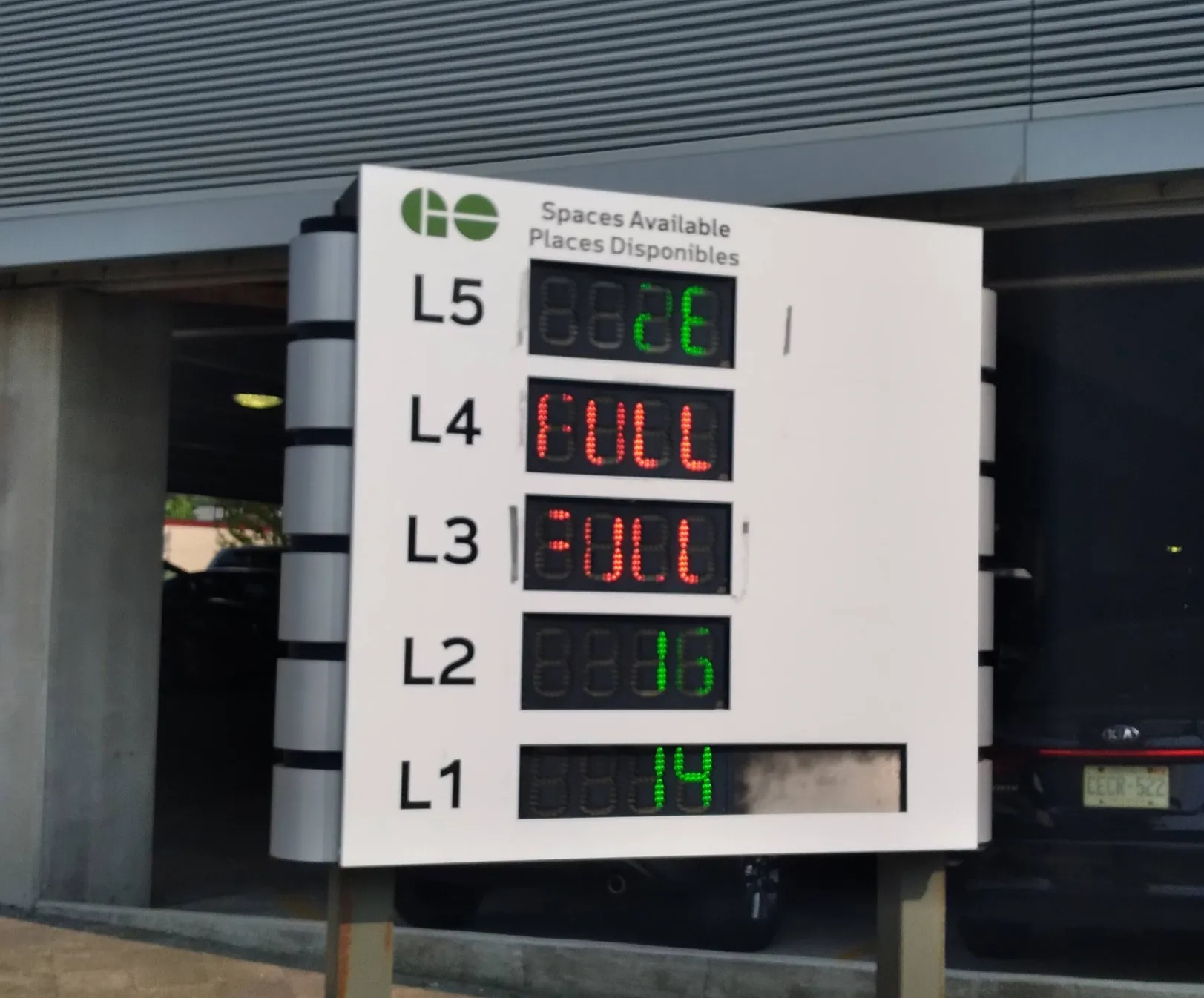 Only 56 parking spaces remain of over 800 in this 
        garage, 26 of which are on the top level.